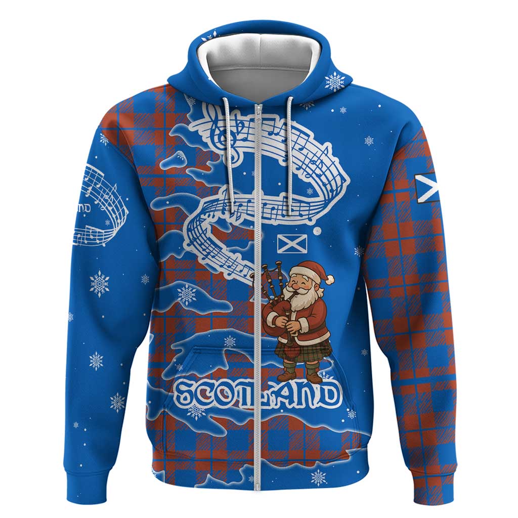Scotland Christmas Zip Hoodie with Santa Playing Bagpipes and Blue Red Tartan Music Notes - Wonder Print Shop