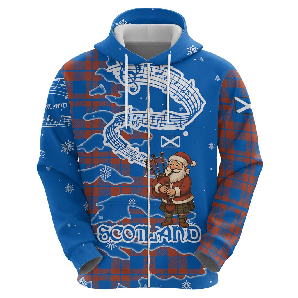 Scotland Christmas Zip Hoodie with Santa Playing Bagpipes and Blue Red Tartan Music Notes - Wonder Print Shop