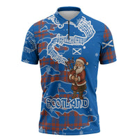 Scotland Christmas Zipper Polo Shirt with Santa Playing Bagpipes and Blue Red Tartan Music Notes - Wonder Print Shop