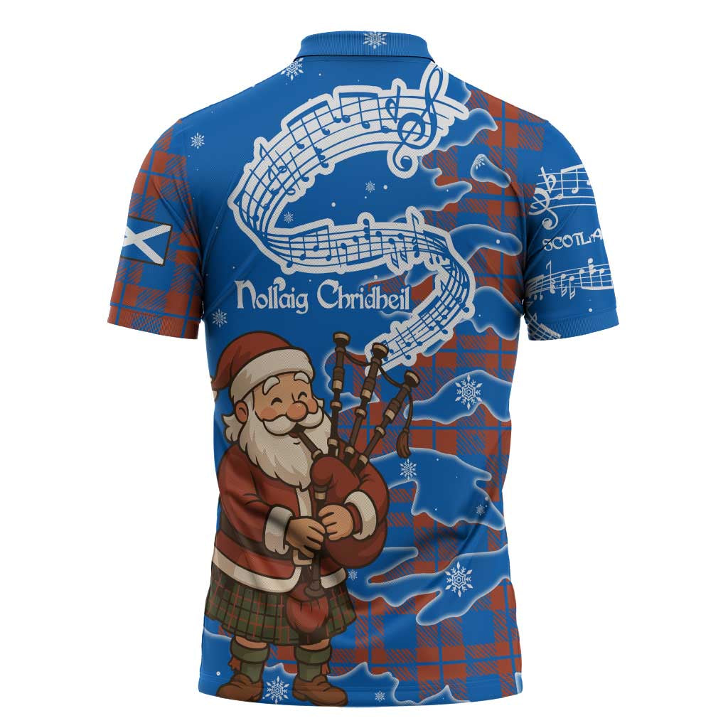 Scotland Christmas Zipper Polo Shirt with Santa Playing Bagpipes and Blue Red Tartan Music Notes - Wonder Print Shop