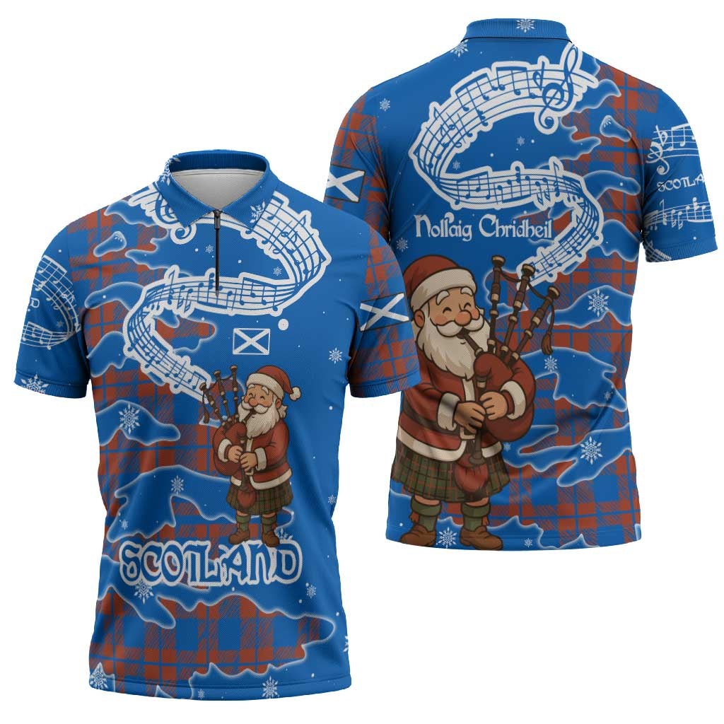 Scotland Christmas Zipper Polo Shirt with Santa Playing Bagpipes and Blue Red Tartan Music Notes - Wonder Print Shop