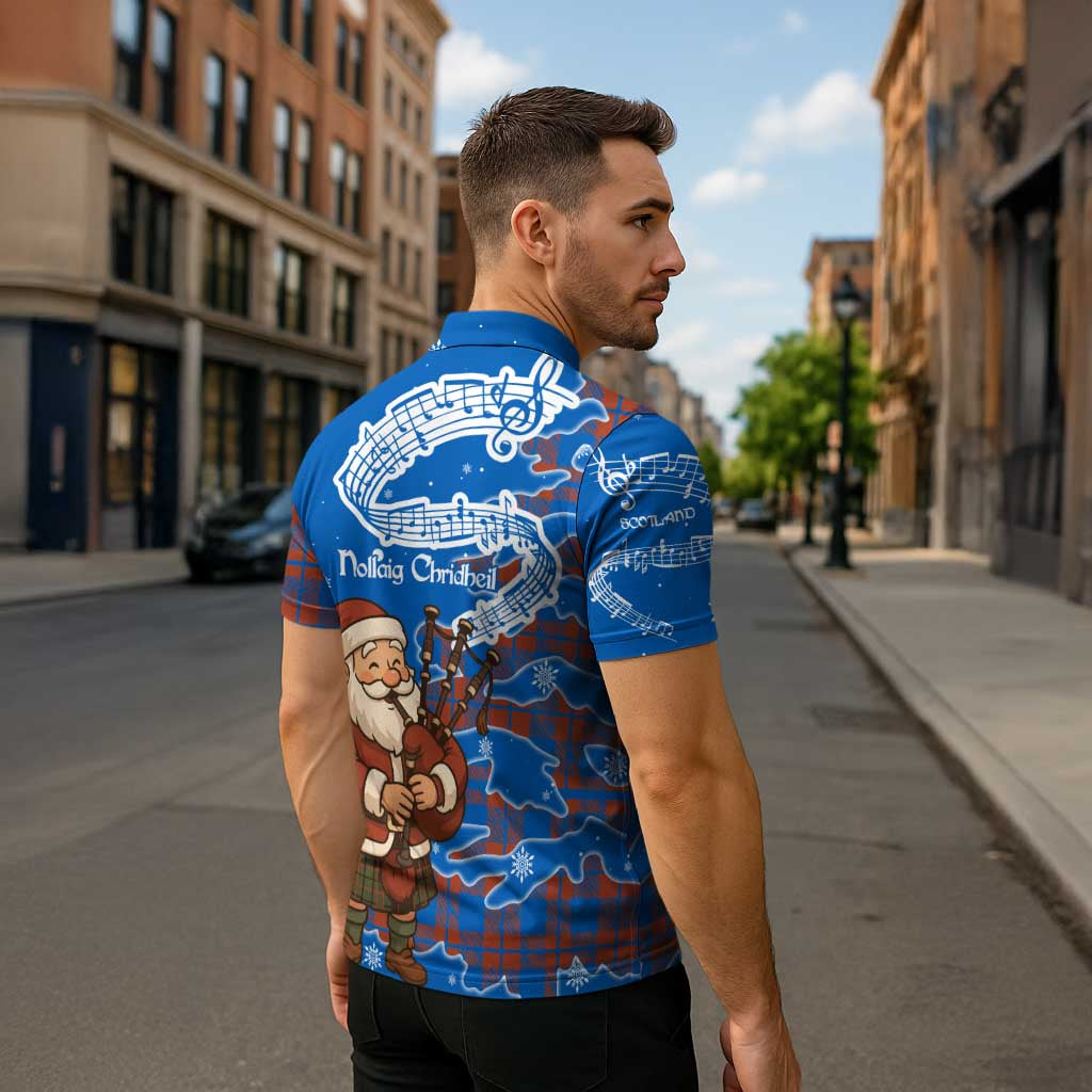 Scotland Christmas Zipper Polo Shirt with Santa Playing Bagpipes and Blue Red Tartan Music Notes - Wonder Print Shop