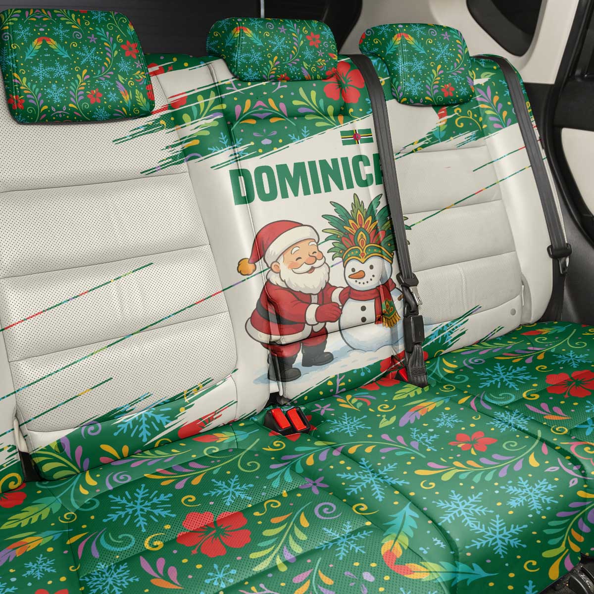 Dominica Christmas Back Car Seat Cover with Santa Snowman and Tropical Carnival Headpiece - Wonder Print Shop