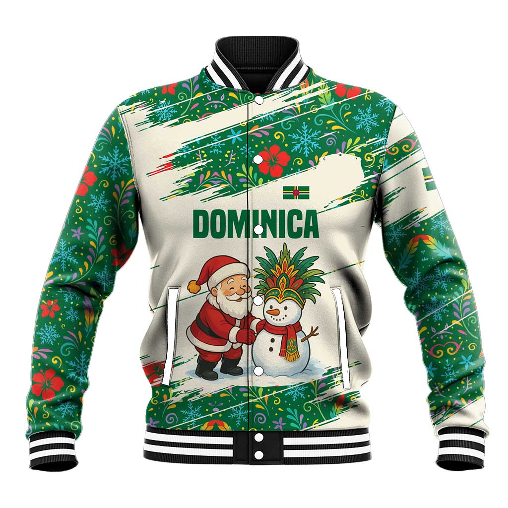 Dominica Christmas Baseball Jacket with Santa Snowman and Tropical Carnival Headpiece - Wonder Print Shop
