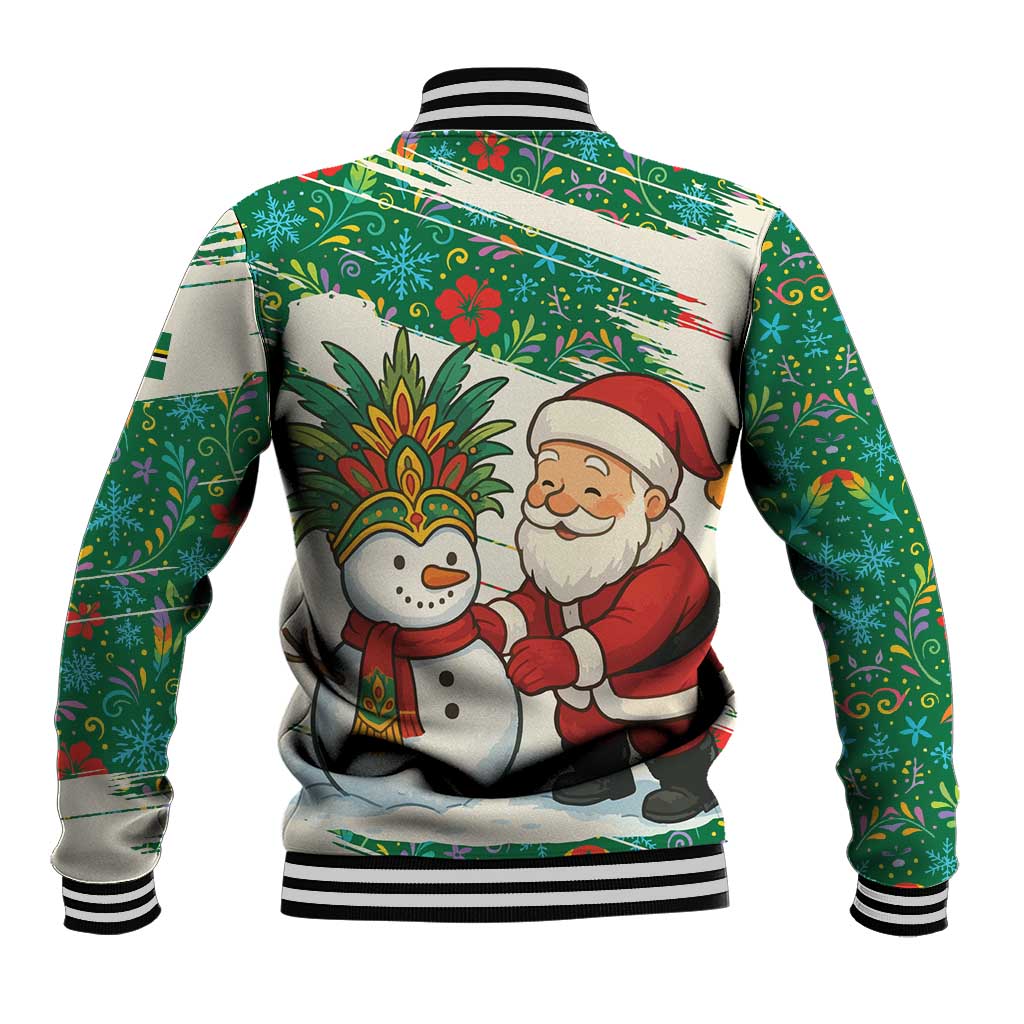 Dominica Christmas Baseball Jacket with Santa Snowman and Tropical Carnival Headpiece - Wonder Print Shop