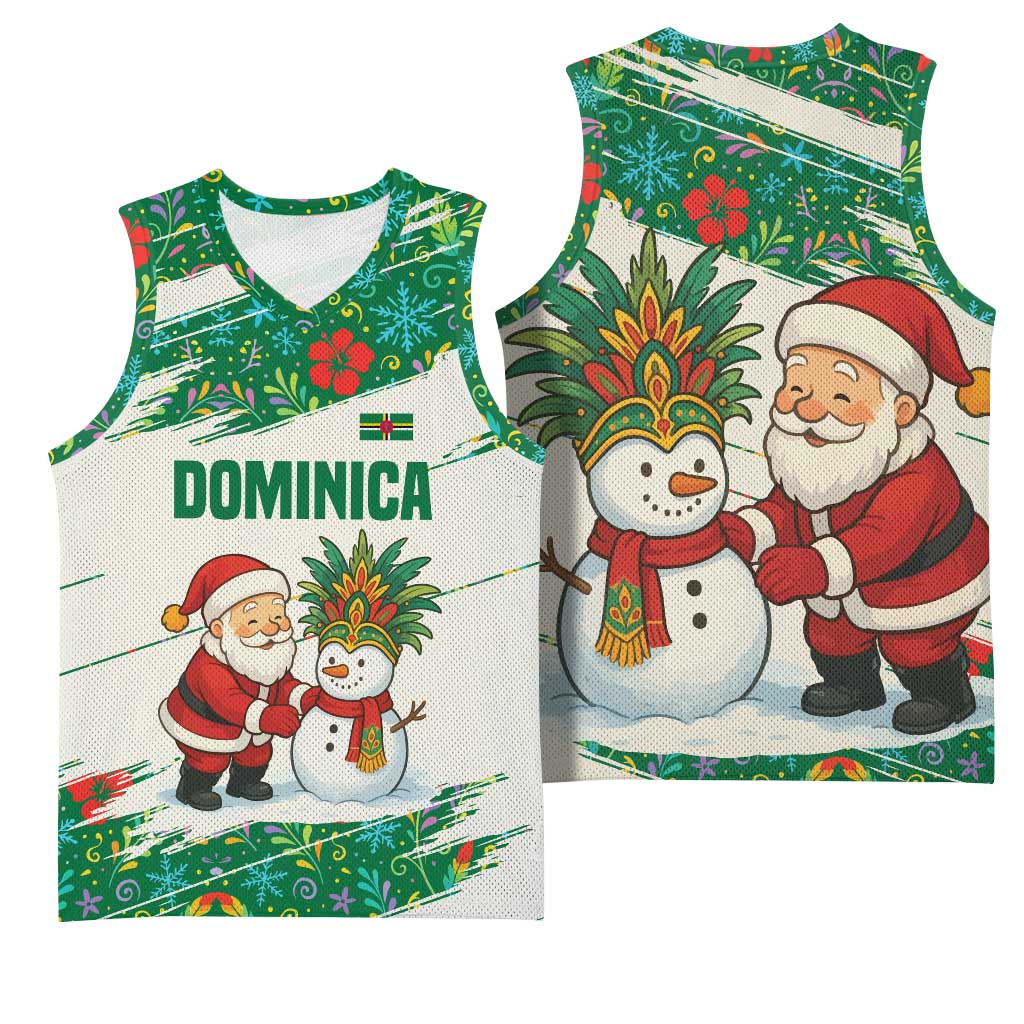 Dominica Christmas Basketball Jersey with Santa Snowman and Tropical Carnival Headpiece - Wonder Print Shop