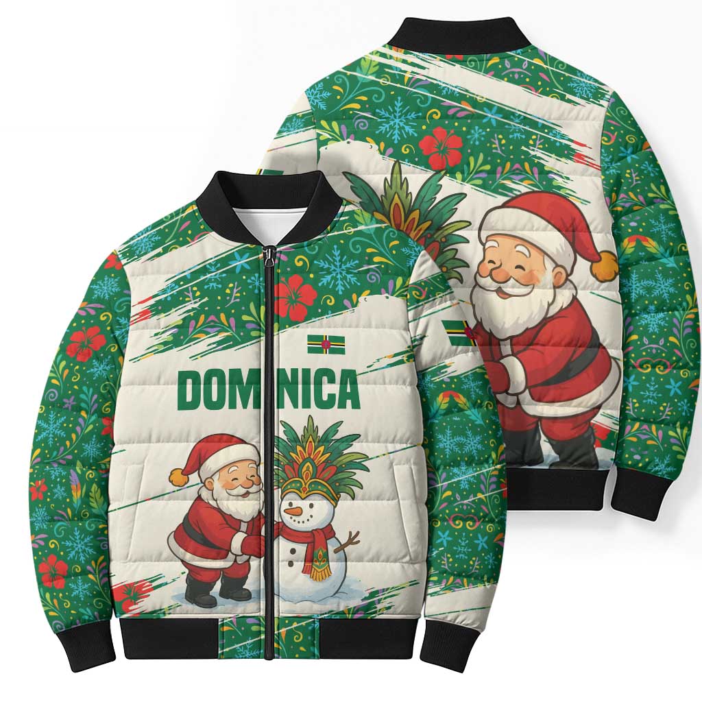 Dominica Christmas Bomber Puffer Jacket with Santa Snowman and Tropical Carnival Headpiece - Wonder Print Shop