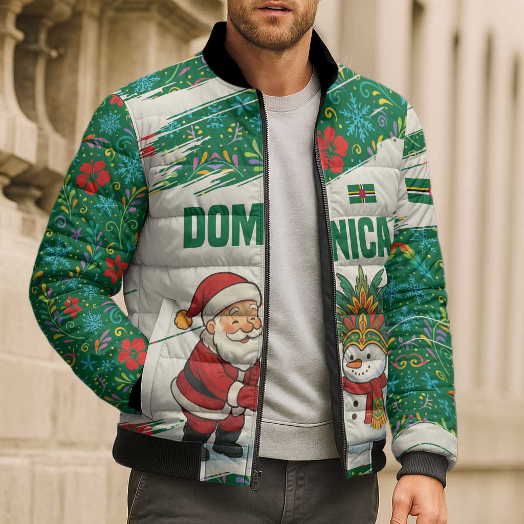 Dominica Christmas Bomber Puffer Jacket with Santa Snowman and Tropical Carnival Headpiece - Wonder Print Shop