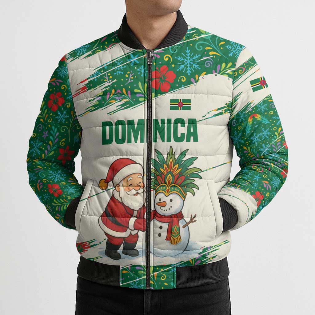 Dominica Christmas Bomber Puffer Jacket with Santa Snowman and Tropical Carnival Headpiece - Wonder Print Shop