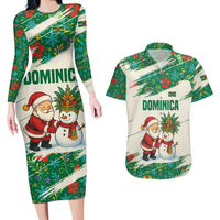 Dominica Christmas Couples Matching Long Sleeve Bodycon Dress and Hawaiian Shirt with Santa Snowman and Tropical Carnival Headpiece - Wonder Print Shop