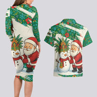 Dominica Christmas Couples Matching Long Sleeve Bodycon Dress and Hawaiian Shirt with Santa Snowman and Tropical Carnival Headpiece - Wonder Print Shop