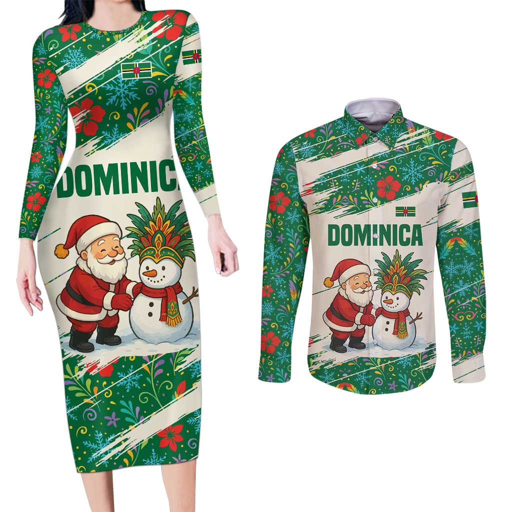 Dominica Christmas Couples Matching Long Sleeve Bodycon Dress and Long Sleeve Button Shirt with Santa Snowman and Tropical Carnival Headpiece - Wonder Print Shop
