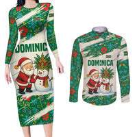Dominica Christmas Couples Matching Long Sleeve Bodycon Dress and Long Sleeve Button Shirt with Santa Snowman and Tropical Carnival Headpiece - Wonder Print Shop