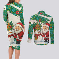Dominica Christmas Couples Matching Long Sleeve Bodycon Dress and Long Sleeve Button Shirt with Santa Snowman and Tropical Carnival Headpiece - Wonder Print Shop