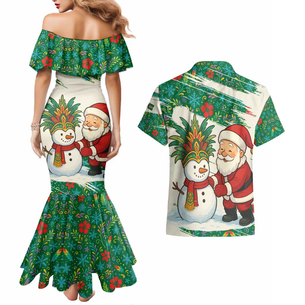 Dominica Christmas Couples Matching Mermaid Dress and Hawaiian Shirt with Santa Snowman and Tropical Carnival Headpiece - Wonder Print Shop
