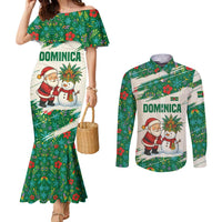 Dominica Christmas Couples Matching Mermaid Dress and Long Sleeve Button Shirt with Santa Snowman and Tropical Carnival Headpiece - Wonder Print Shop
