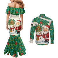 Dominica Christmas Couples Matching Mermaid Dress and Long Sleeve Button Shirt with Santa Snowman and Tropical Carnival Headpiece - Wonder Print Shop