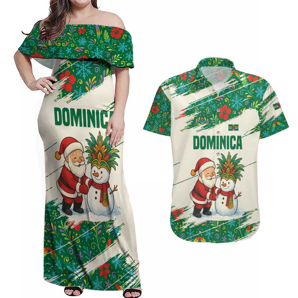 Dominica Christmas Couples Matching Off Shoulder Maxi Dress and Hawaiian Shirt with Santa Snowman and Tropical Carnival Headpiece - Wonder Print Shop