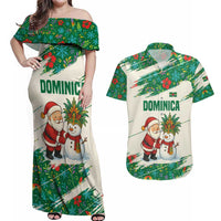 Dominica Christmas Couples Matching Off Shoulder Maxi Dress and Hawaiian Shirt with Santa Snowman and Tropical Carnival Headpiece - Wonder Print Shop