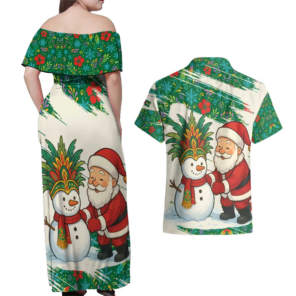 Dominica Christmas Couples Matching Off Shoulder Maxi Dress and Hawaiian Shirt with Santa Snowman and Tropical Carnival Headpiece - Wonder Print Shop