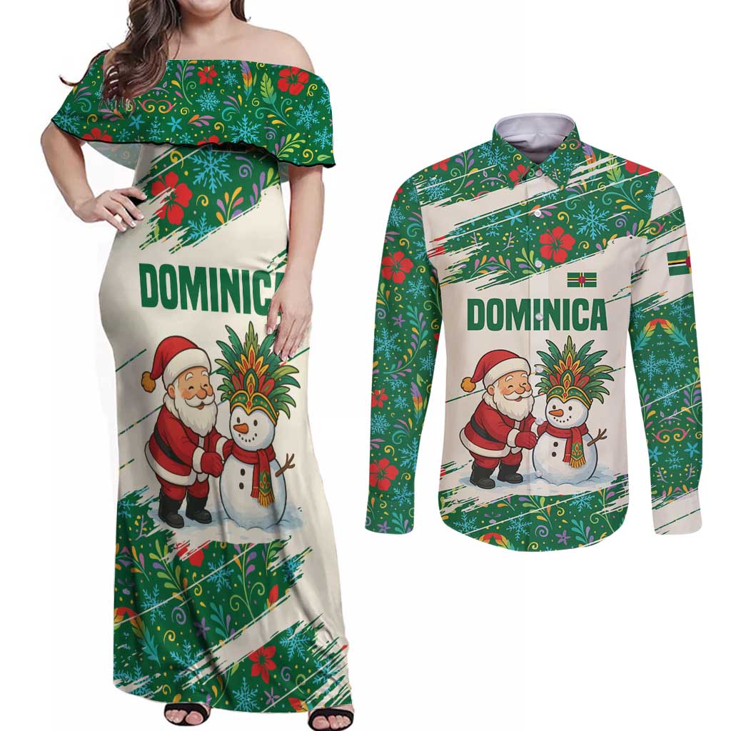 Dominica Christmas Couples Matching Off Shoulder Maxi Dress and Long Sleeve Button Shirt with Santa Snowman and Tropical Carnival Headpiece - Wonder Print Shop