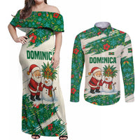 Dominica Christmas Couples Matching Off Shoulder Maxi Dress and Long Sleeve Button Shirt with Santa Snowman and Tropical Carnival Headpiece - Wonder Print Shop