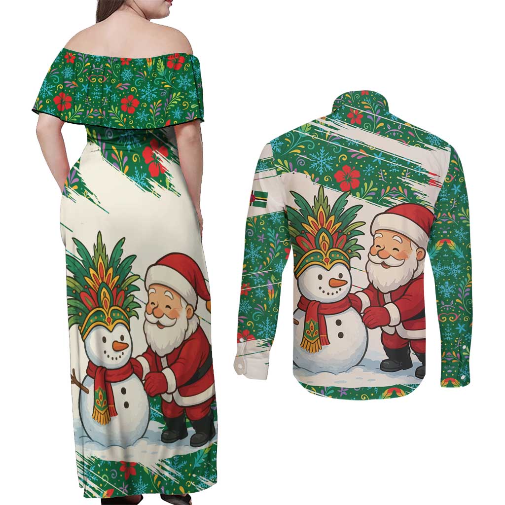 Dominica Christmas Couples Matching Off Shoulder Maxi Dress and Long Sleeve Button Shirt with Santa Snowman and Tropical Carnival Headpiece - Wonder Print Shop