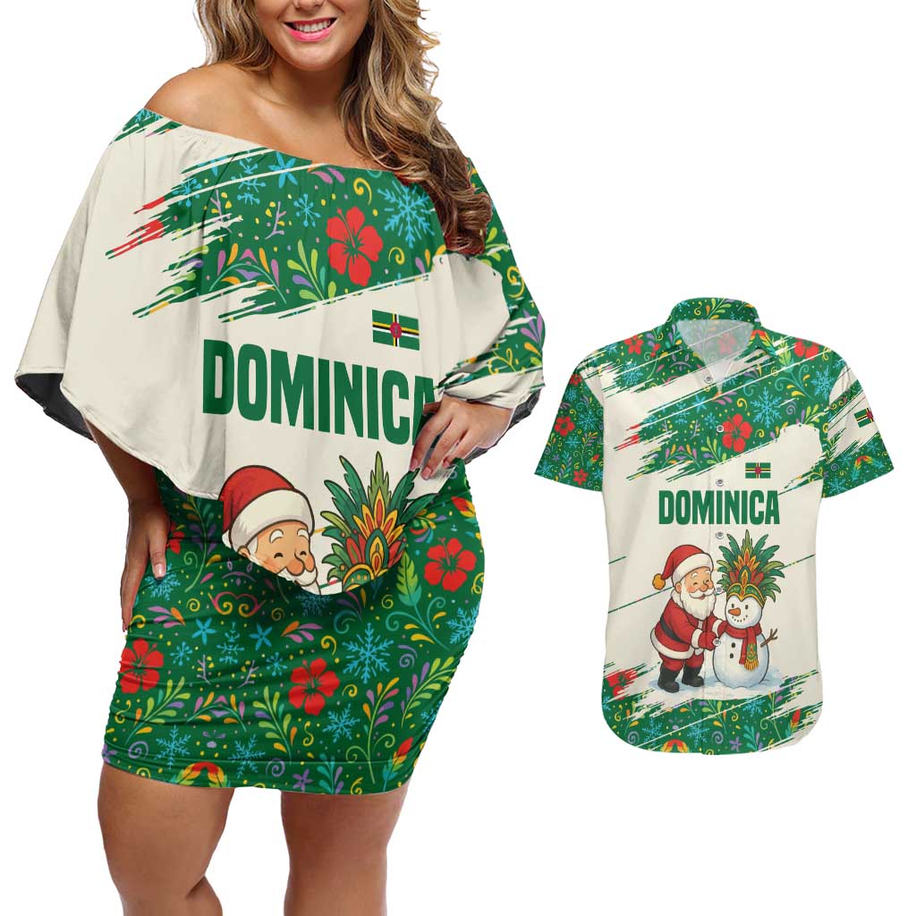 Dominica Christmas Couples Matching Off Shoulder Short Dress and Hawaiian Shirt with Santa Snowman and Tropical Carnival Headpiece - Wonder Print Shop