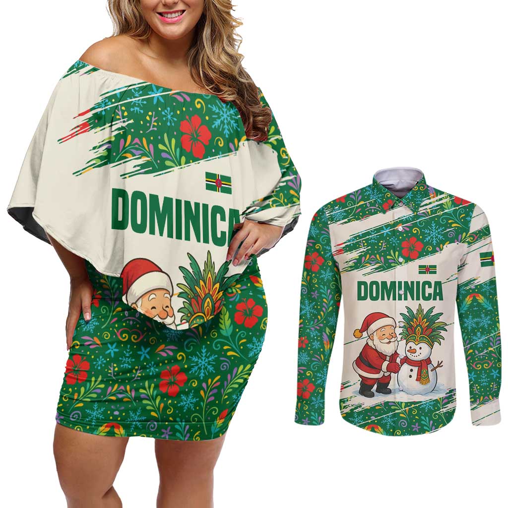 Dominica Christmas Couples Matching Off Shoulder Short Dress and Long Sleeve Button Shirt with Santa Snowman and Tropical Carnival Headpiece - Wonder Print Shop