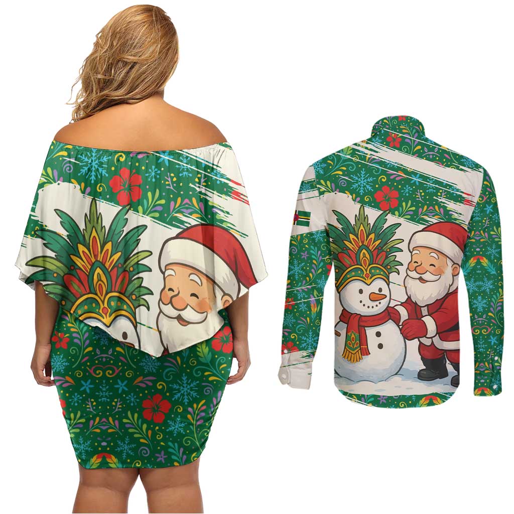 Dominica Christmas Couples Matching Off Shoulder Short Dress and Long Sleeve Button Shirt with Santa Snowman and Tropical Carnival Headpiece - Wonder Print Shop
