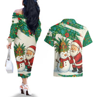 Dominica Christmas Couples Matching Off The Shoulder Long Sleeve Dress and Hawaiian Shirt with Santa Snowman and Tropical Carnival Headpiece - Wonder Print Shop
