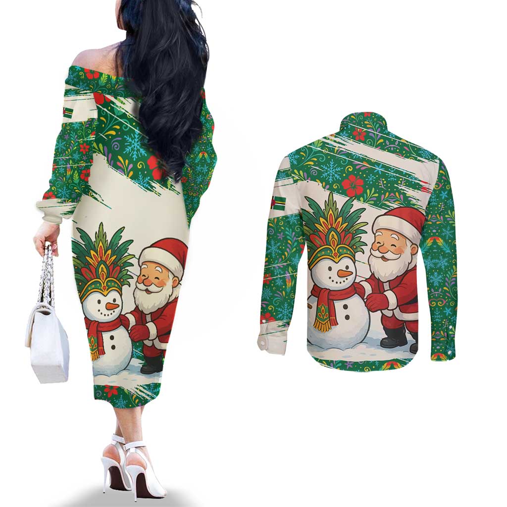 Dominica Christmas Couples Matching Off The Shoulder Long Sleeve Dress and Long Sleeve Button Shirt with Santa Snowman and Tropical Carnival Headpiece - Wonder Print Shop