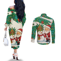 Dominica Christmas Couples Matching Off The Shoulder Long Sleeve Dress and Long Sleeve Button Shirt with Santa Snowman and Tropical Carnival Headpiece - Wonder Print Shop