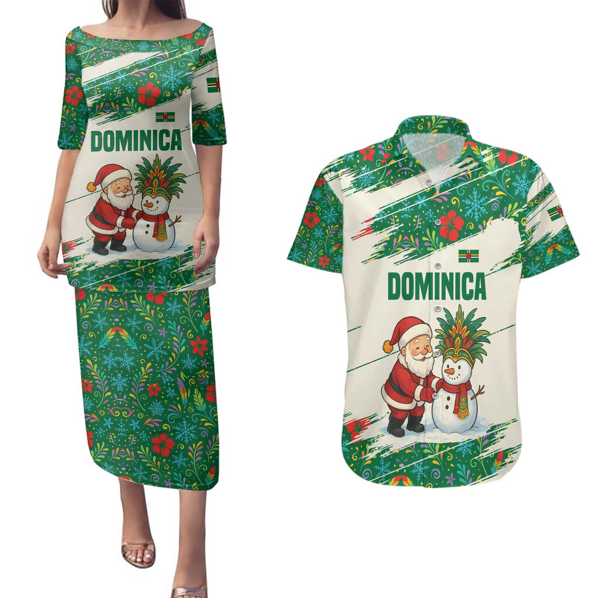Dominica Christmas Couples Matching Puletasi and Hawaiian Shirt with Santa Snowman and Tropical Carnival Headpiece - Wonder Print Shop