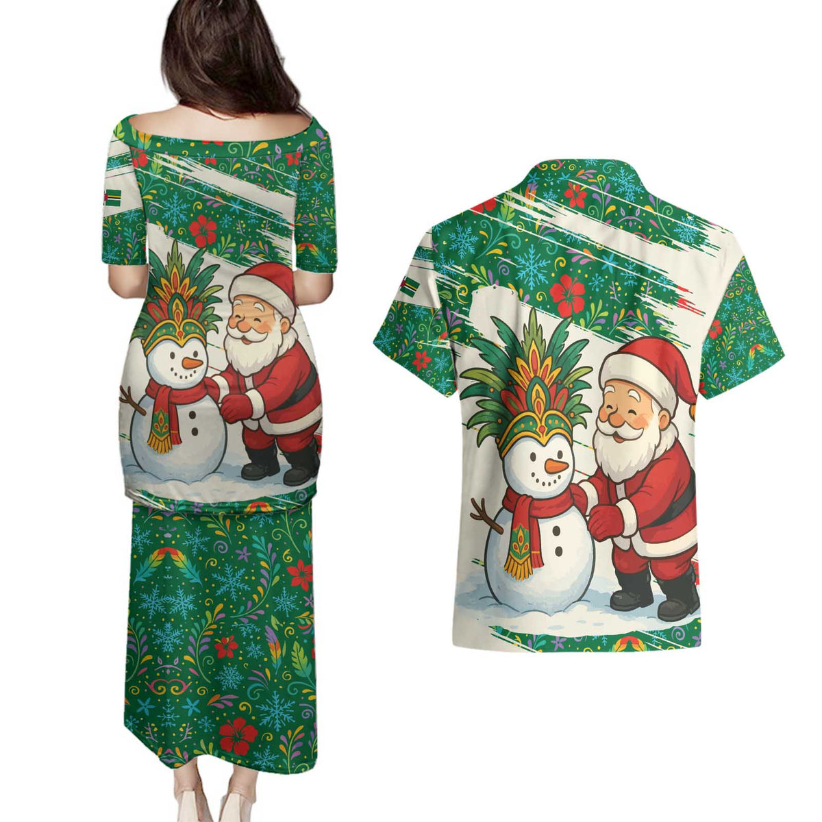 Dominica Christmas Couples Matching Puletasi and Hawaiian Shirt with Santa Snowman and Tropical Carnival Headpiece - Wonder Print Shop