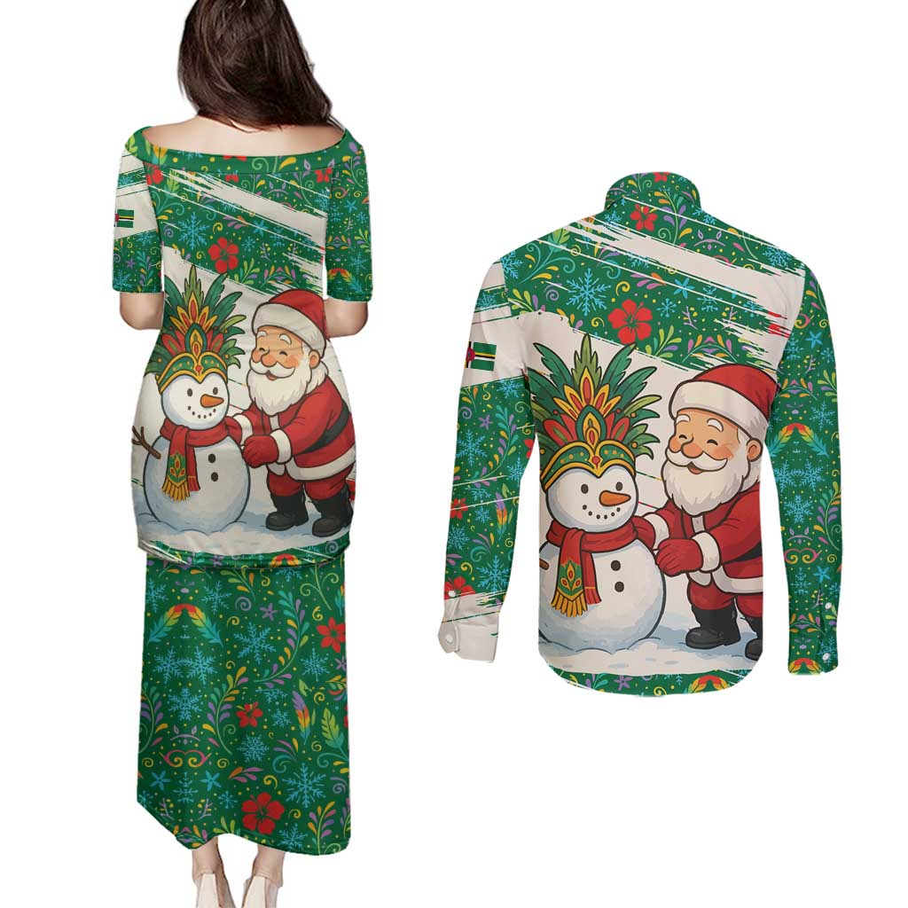 Dominica Christmas Couples Matching Puletasi and Long Sleeve Button Shirt with Santa Snowman and Tropical Carnival Headpiece - Wonder Print Shop