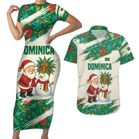 Dominica Christmas Couples Matching Short Sleeve Bodycon Dress and Hawaiian Shirt with Santa Snowman and Tropical Carnival Headpiece - Wonder Print Shop