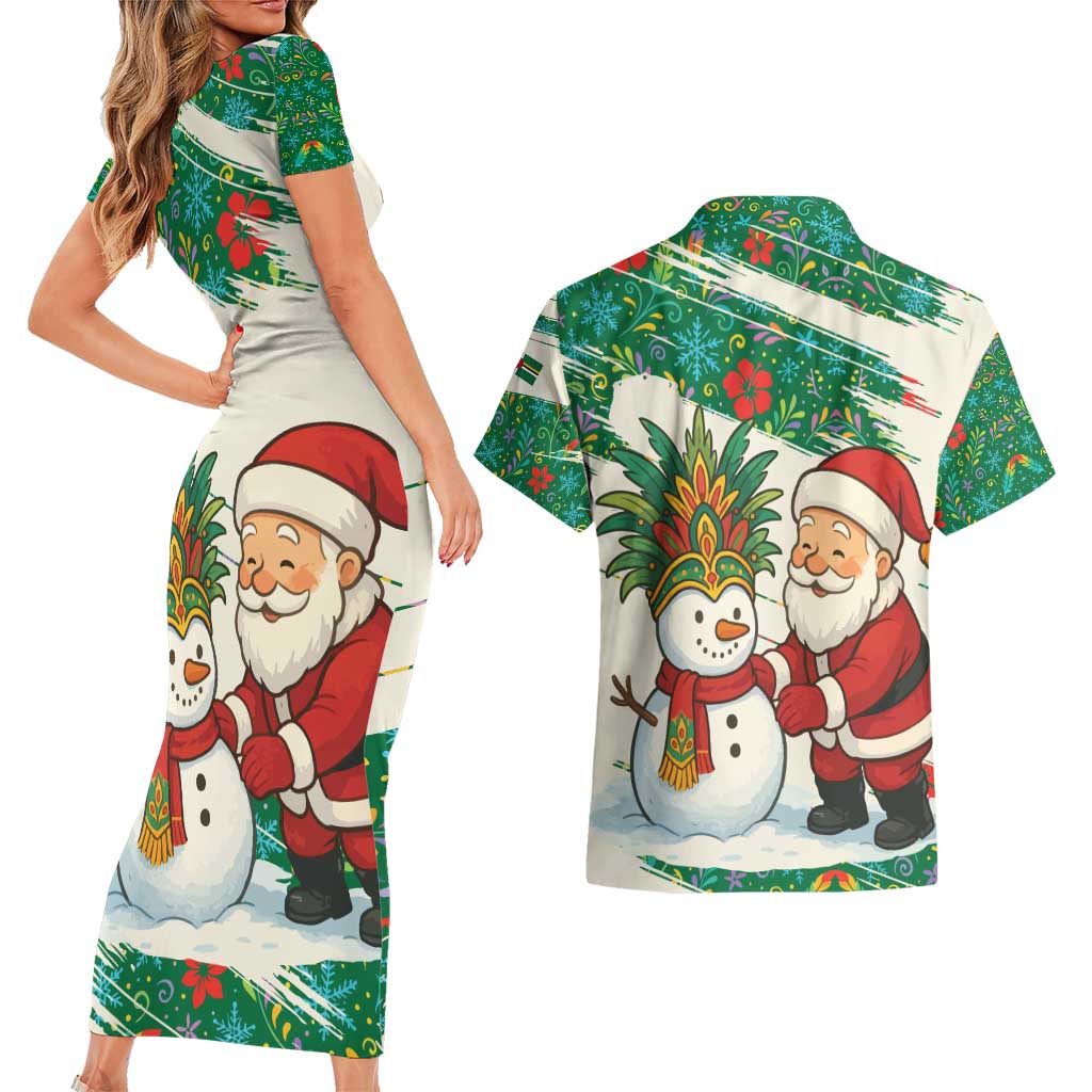 Dominica Christmas Couples Matching Short Sleeve Bodycon Dress and Hawaiian Shirt with Santa Snowman and Tropical Carnival Headpiece - Wonder Print Shop