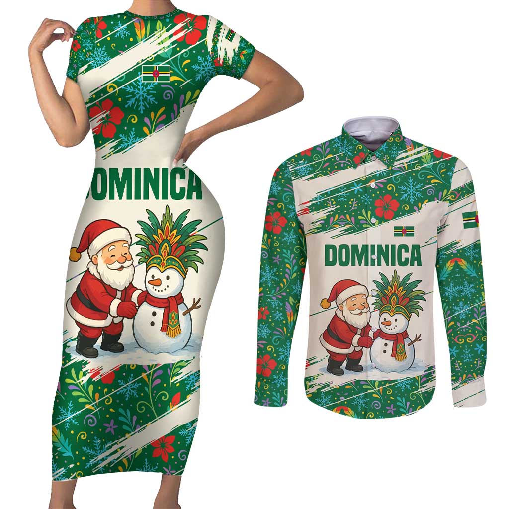 Dominica Christmas Couples Matching Short Sleeve Bodycon Dress and Long Sleeve Button Shirt with Santa Snowman and Tropical Carnival Headpiece - Wonder Print Shop