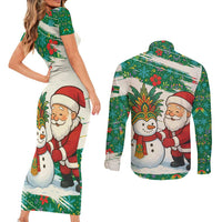 Dominica Christmas Couples Matching Short Sleeve Bodycon Dress and Long Sleeve Button Shirt with Santa Snowman and Tropical Carnival Headpiece - Wonder Print Shop