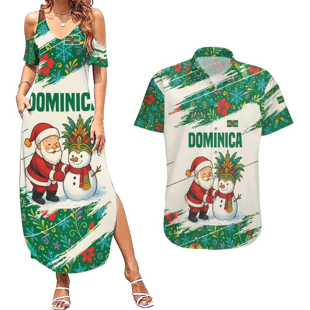 Dominica Christmas Couples Matching Summer Maxi Dress and Hawaiian Shirt with Santa Snowman and Tropical Carnival Headpiece - Wonder Print Shop