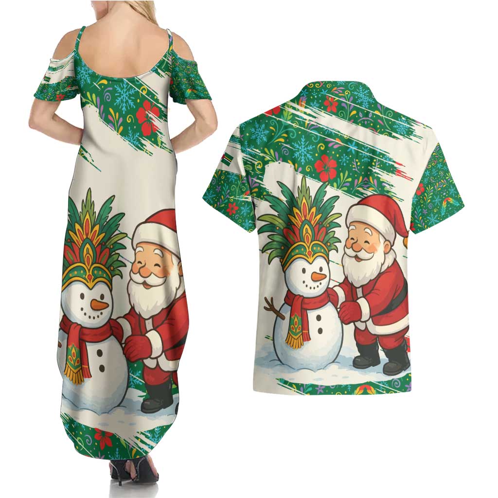 Dominica Christmas Couples Matching Summer Maxi Dress and Hawaiian Shirt with Santa Snowman and Tropical Carnival Headpiece - Wonder Print Shop