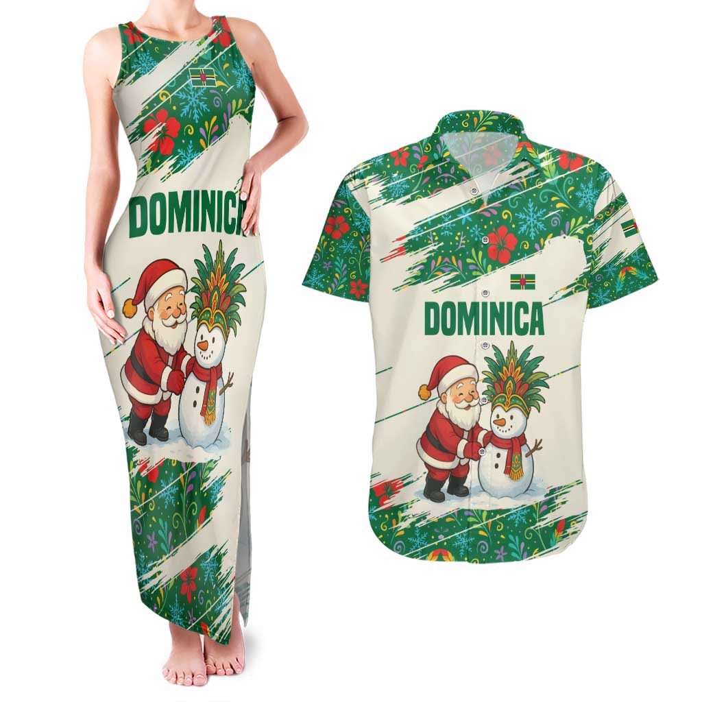 Dominica Christmas Couples Matching Tank Maxi Dress and Hawaiian Shirt with Santa Snowman and Tropical Carnival Headpiece - Wonder Print Shop