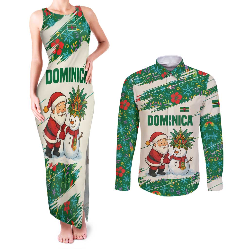 Dominica Christmas Couples Matching Tank Maxi Dress and Long Sleeve Button Shirt with Santa Snowman and Tropical Carnival Headpiece - Wonder Print Shop