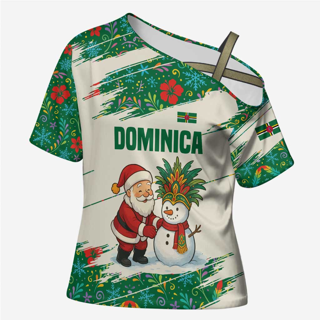 Dominica Christmas Cross Shoulder Shirt with Santa Snowman and Tropical Carnival Headpiece - Wonder Print Shop