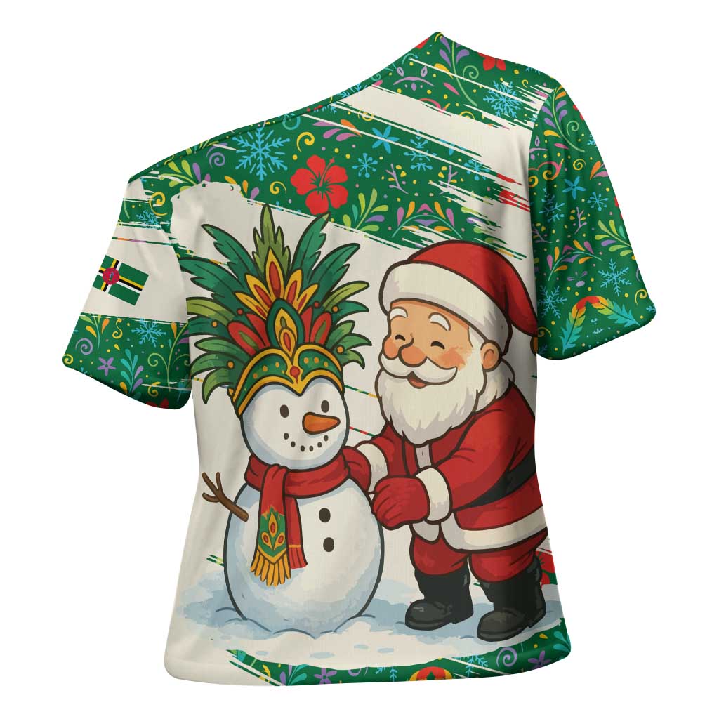 Dominica Christmas Cross Shoulder Shirt with Santa Snowman and Tropical Carnival Headpiece - Wonder Print Shop