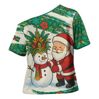Dominica Christmas Cross Shoulder Shirt with Santa Snowman and Tropical Carnival Headpiece - Wonder Print Shop