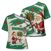 Dominica Christmas Cross Shoulder Shirt with Santa Snowman and Tropical Carnival Headpiece - Wonder Print Shop