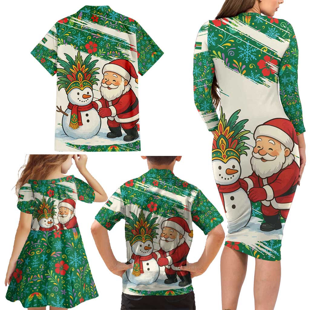 Dominica Christmas Family Matching Long Sleeve Bodycon Dress and Hawaiian Shirt with Santa Snowman and Tropical Carnival Headpiece - Wonder Print Shop