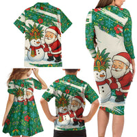 Dominica Christmas Family Matching Long Sleeve Bodycon Dress and Hawaiian Shirt with Santa Snowman and Tropical Carnival Headpiece - Wonder Print Shop